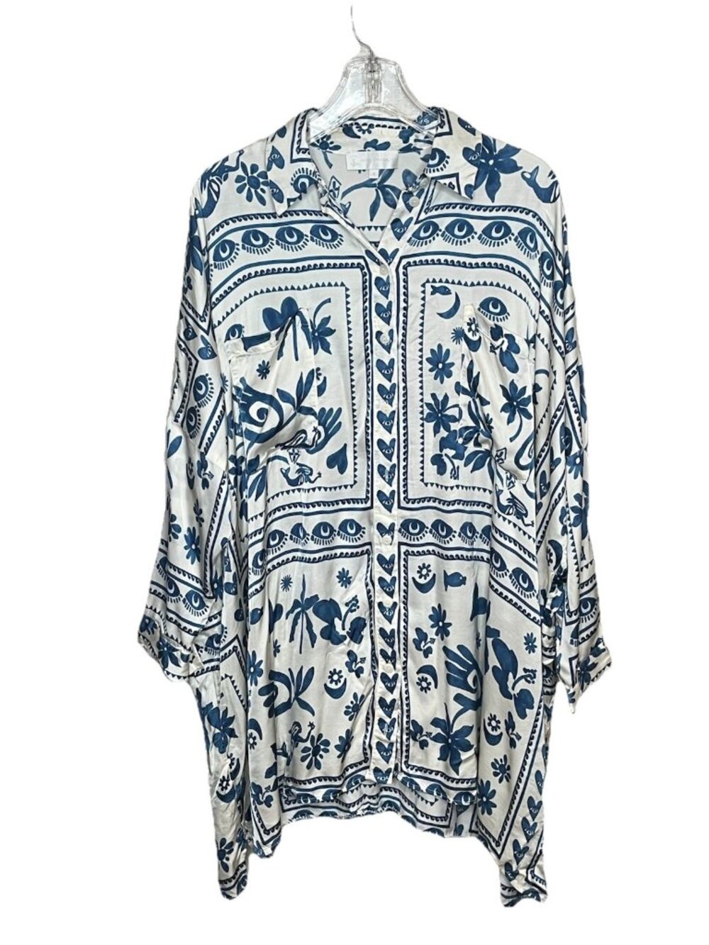 Corey Lynn Calter Oversized Button Front Blouse M Blue White Novelty Print Shirt